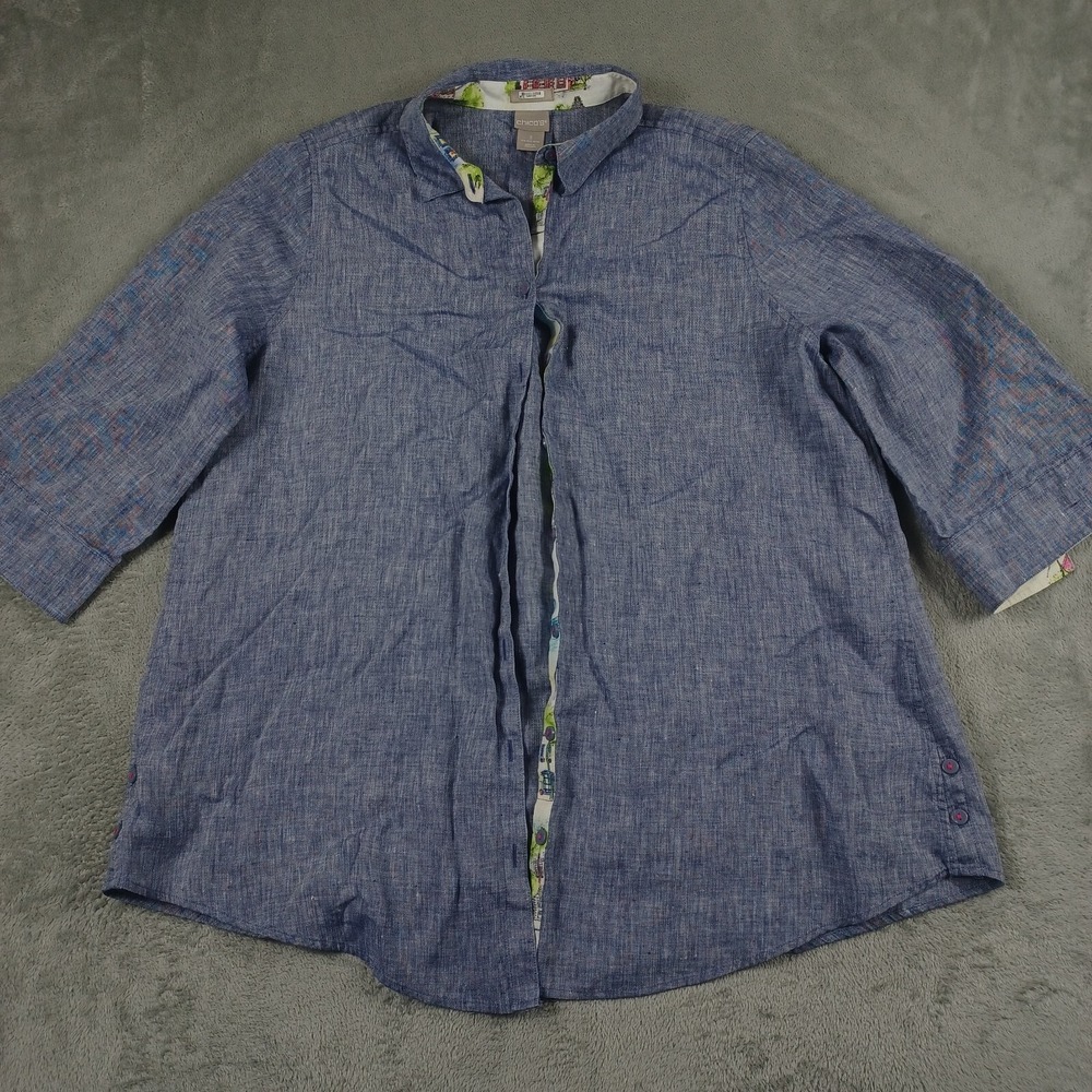 Chicos Top Womens 3 Blue Linen Preppy Tunic Casual Chic Button Up